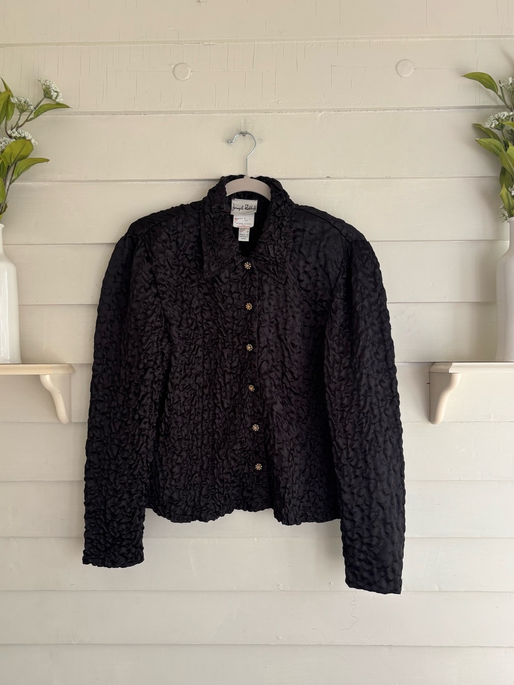 Joseph Ribkoff Vintage Black Crinkle Veston Jacket with Floral Buttons Size 10